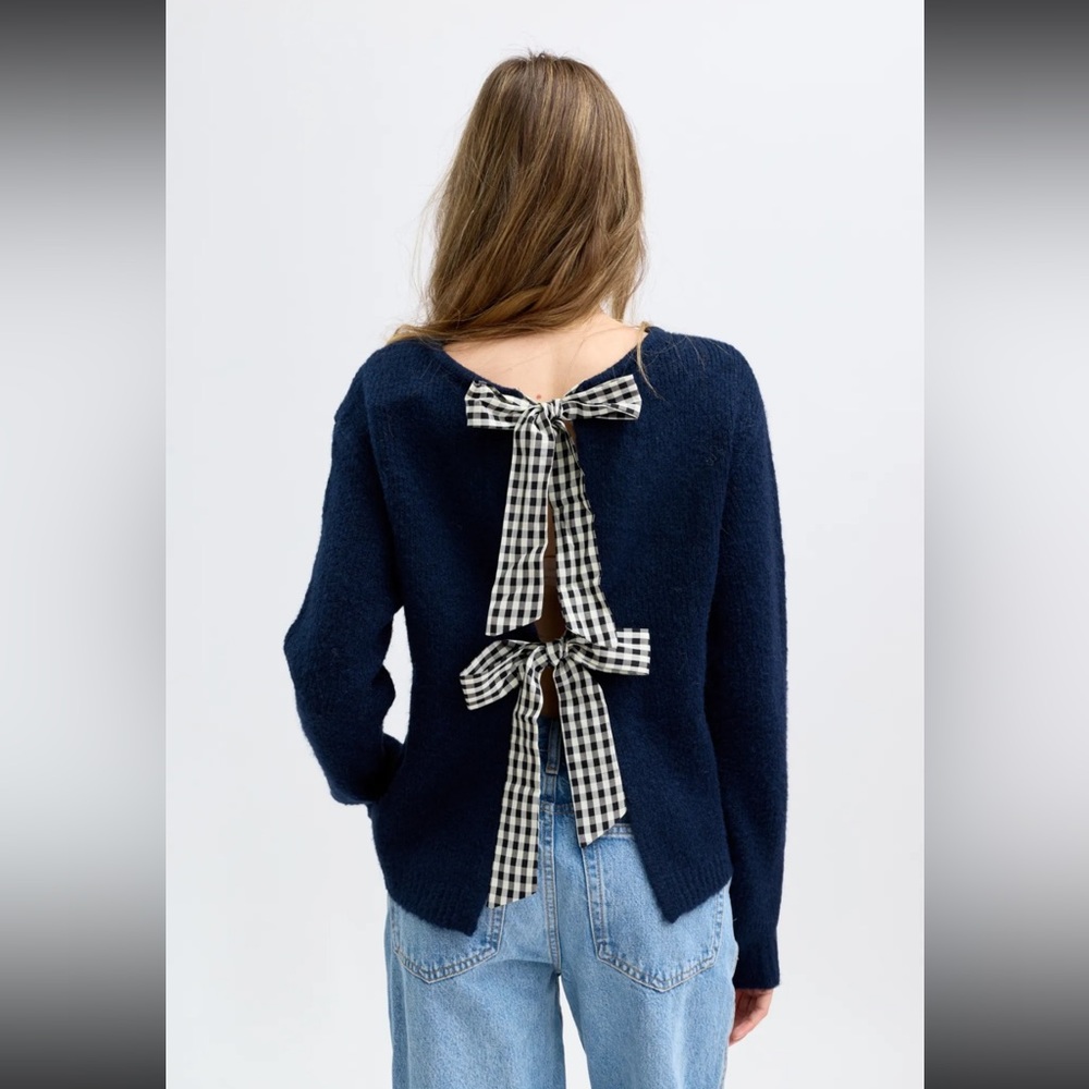 FROM PARIS FRANCE Navy Sweater with Plaid Bow Accents